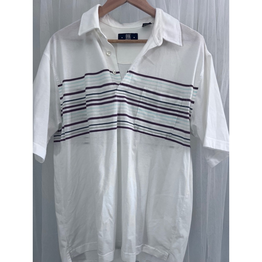 Oak Creek Mens Vintage Striped Polo Shirt White Purple Teal Short Sleeve‎ Large